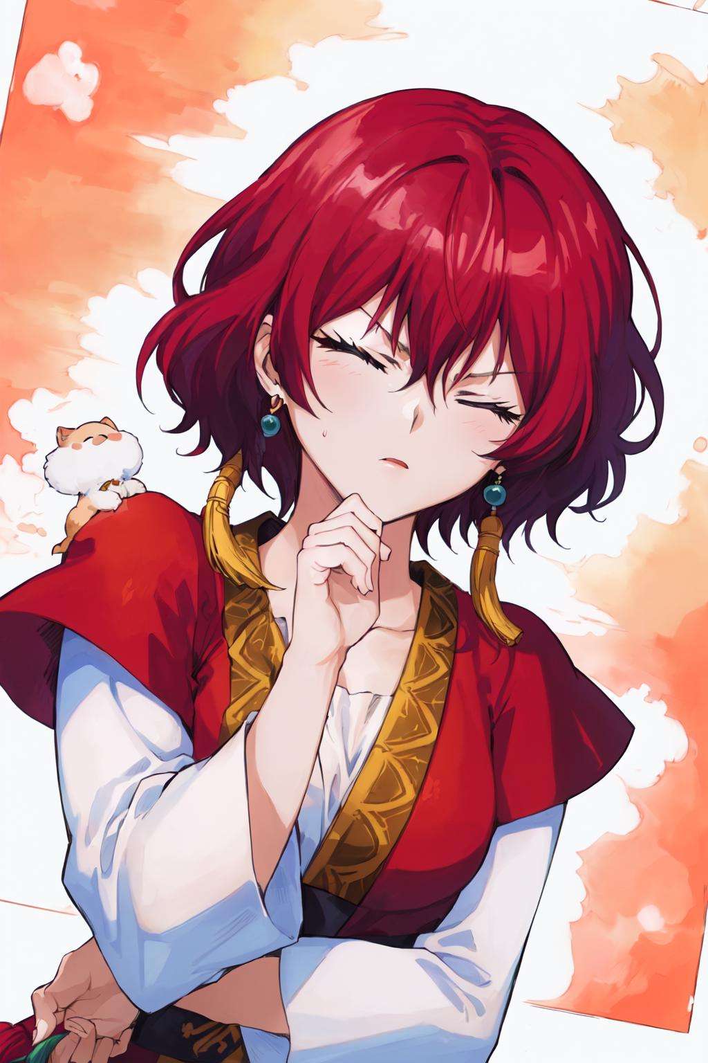 (art by morry), (highres), Manga, ((masterpiece, best quality:1.3), <lora:YONA-10:0.75>,traditional media, yona1, solo, upper body, tanling ruqun, banbi, hand on own chin, serious, closed mouth, arm under breasts, tassel earrings, animal on shoulder, looking down, closed eyes, open mouth, 2d