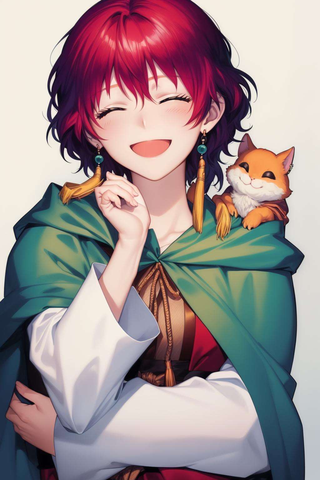 (art by morry), (highres), Manga, ((masterpiece, best quality:1.3), <lora:YONA-10:0.75>,traditional media, yona1, solo, upper body, neck ribbon, hooded cloak, hand on own chin, giggling, arm under breasts, tassel earrings, animal on shoulder, looking down, closed eyes, open mouth, 2d