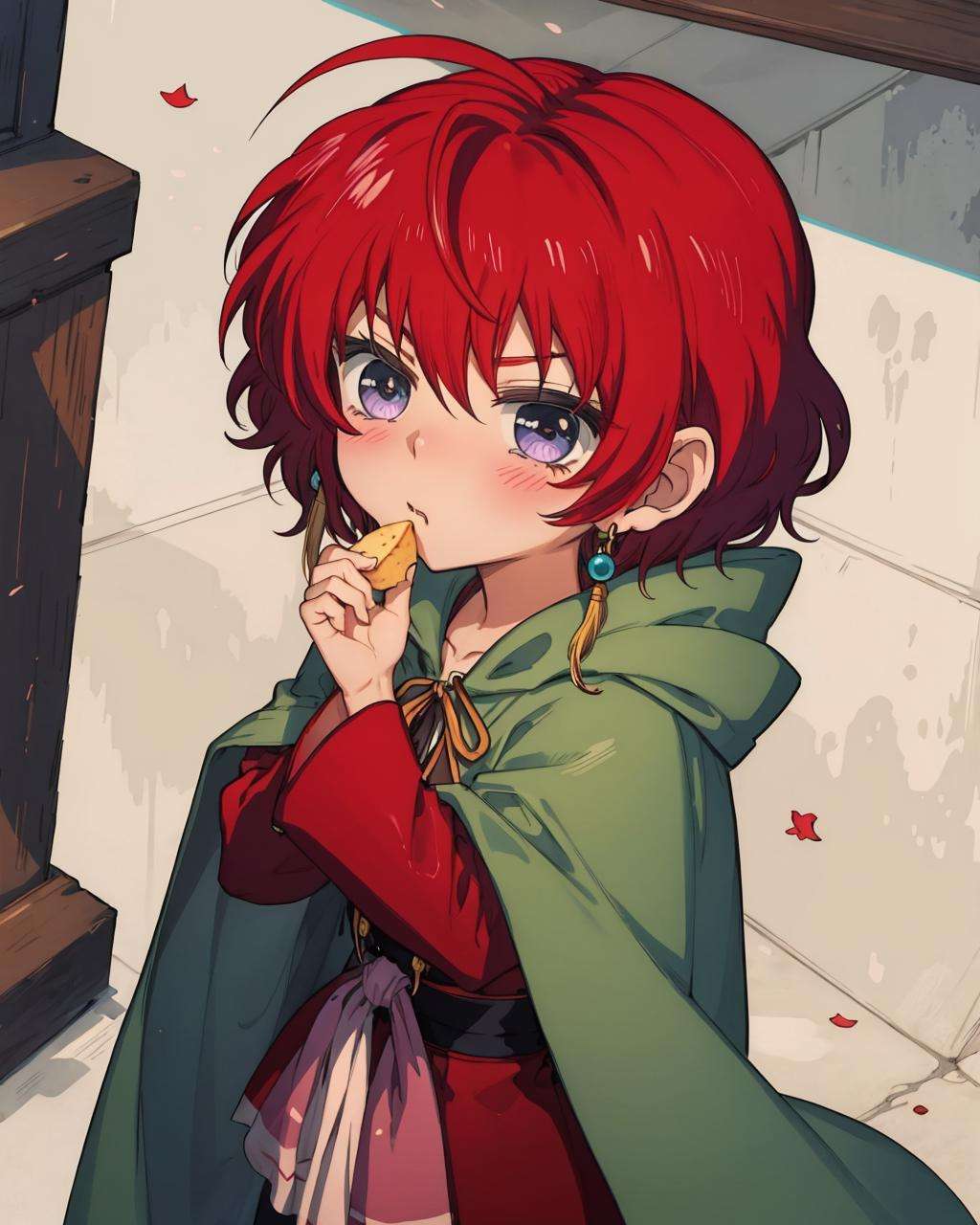 ((masterpiece, best quality:1.3), (highres), Manga, <lora:YONA1:0.75>, faux traditional media, yona1, solo, (from above), upper body, hooded cloak, hood up, hand on own chin, tearing up, :|, raised eyebrows, blush, pout, looking back, looking up, looking at viewer, crossed arms, (chibi:1.2),closed mouth, 2d, <lora:chibi2.0:0.6>, cowboy shot, cute, holding food