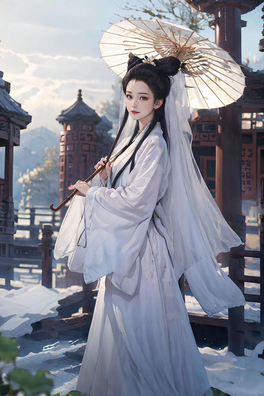 masterpiece,best quality,Baisuzhen,1girl, white hanfu, veil, snow, oil-paper umbrella, <lora:Baisuzhen_v1:0.8>