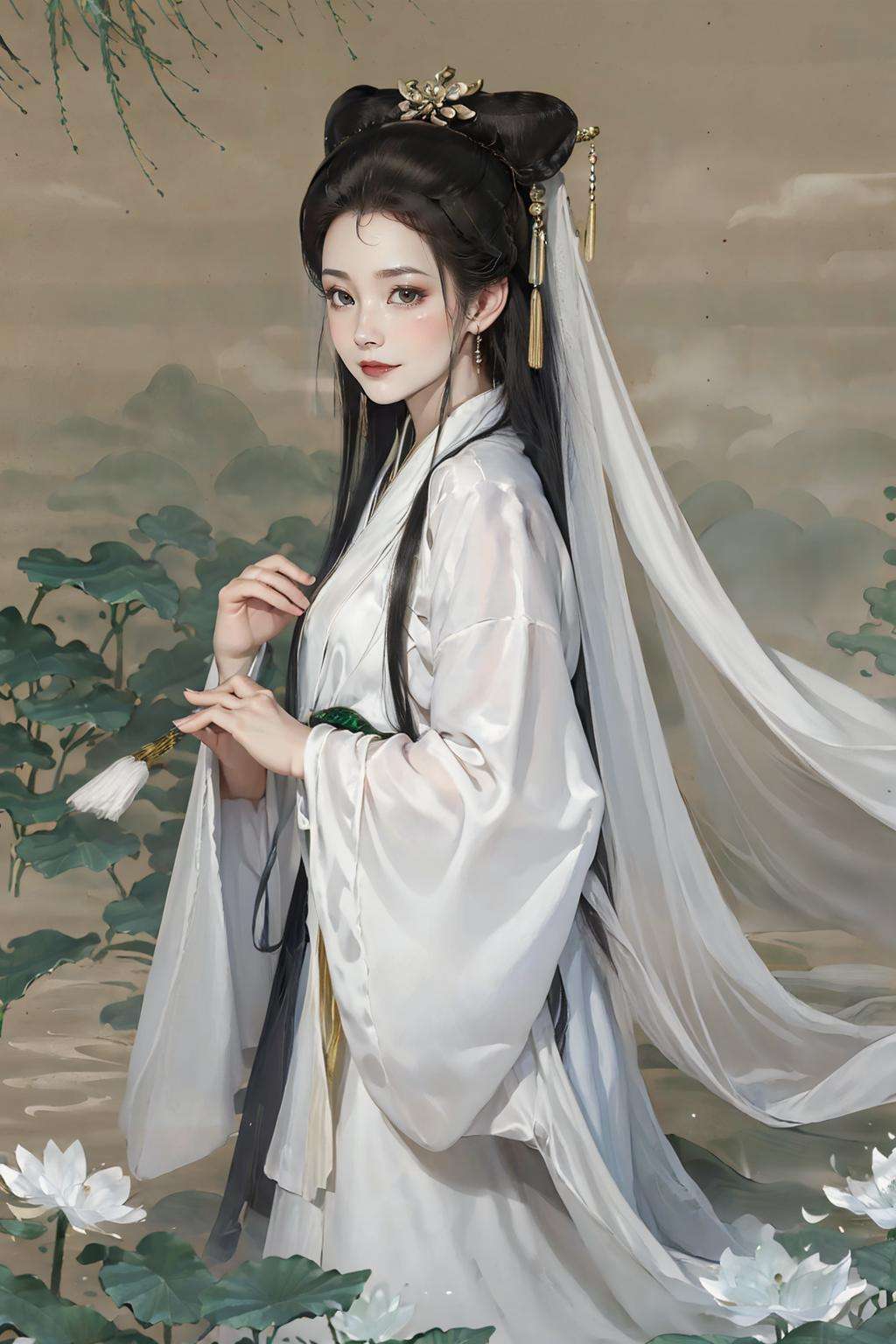 masterpiece,best quality,Baisuzhen,1girl, white hanfu, veil, floral background, chinese ink painting  <lora:Baisuzhen_v1:0.8>