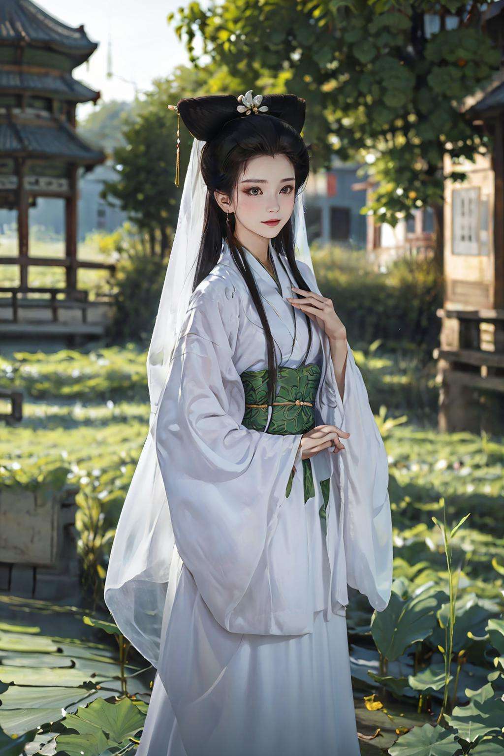 masterpiece,best quality,Baisuzhen,1girl, white hanfu, veil, (((Willow leaf)))<lora:Baisuzhen_v1:0.8>