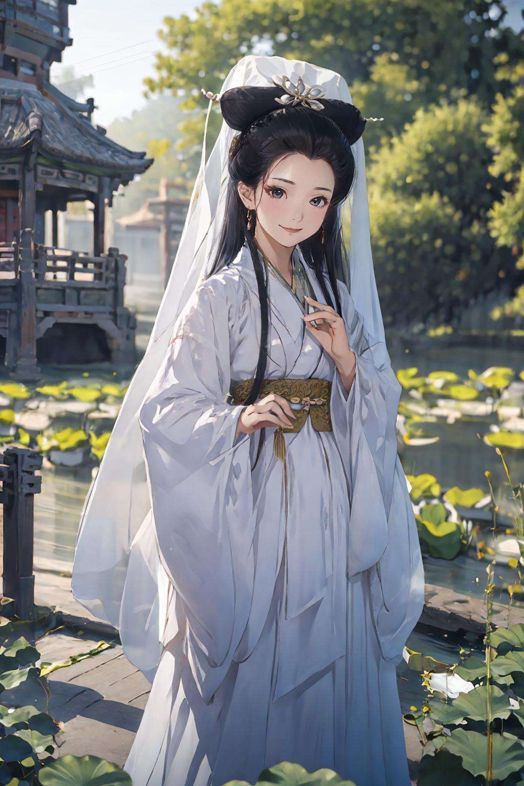 masterpiece,best quality,Baisuzhen,1girl, smile, white hanfu, veil,  <lora:Baisuzhen_v1:0.8>