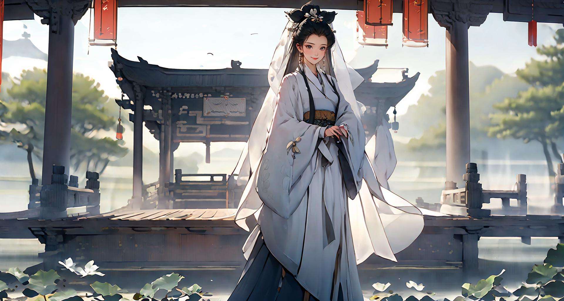 masterpiece,best quality,Baisuzhen,1girl, smile, white hanfu, veil, ((floral background)),  lake, boat, sky <lora:Baisuzhen_v1:0.8>