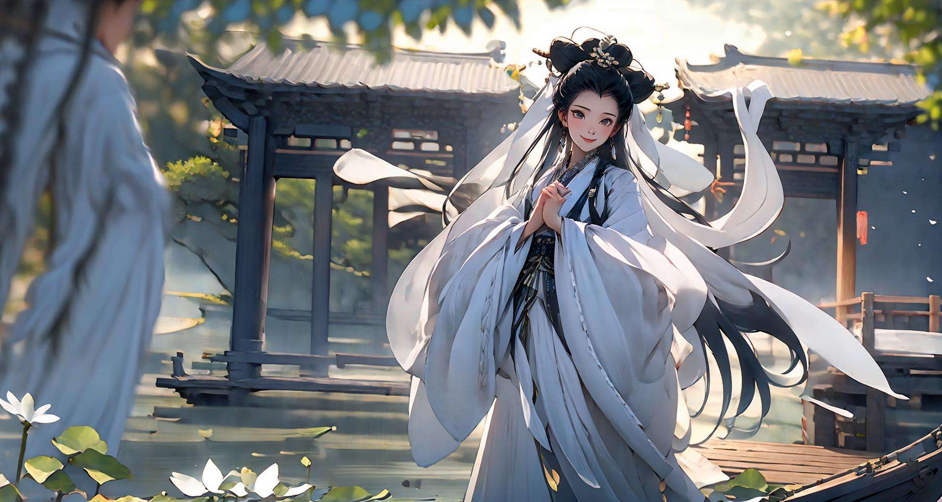 masterpiece,best quality,Baisuzhen,1girl, smile, white hanfu, veil, ((floral background)),  lake, boat, sky <lora:Baisuzhen_v1:0.8>