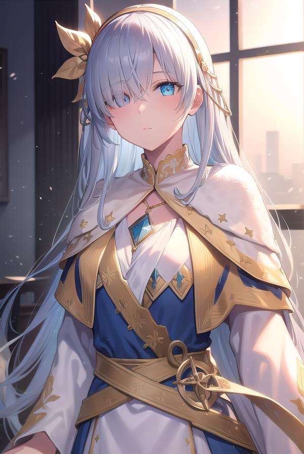 fgoanastasia, <lora:fgoanastasia-lora-nochekaiser:1>,anastasia, blue eyes, grey hair, hair between eyes, (hair over one eye:1.5), long hair, bangs,BREAK blue cloak, brown hairband, cloak, dress, fur trim, hairband, royal robe, sash, tachi-e, white dress, wide sleeves,BREAK looking at viewer,BREAK indoors,BREAK <lyco:GoodHands-beta2:1>, (masterpiece:1.2), best quality, high resolution, unity 8k wallpaper, (illustration:0.8), (beautiful detailed eyes:1.6), extremely detailed face, perfect lighting, extremely detailed CG, (perfect hands, perfect anatomy),