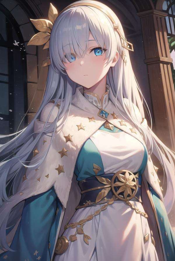 fgoanastasia, <lora:fgoanastasia-lora-nochekaiser:1>,anastasia, blue eyes, grey hair, hair between eyes, (hair over one eye:1.5), long hair, bangs,BREAK blue cloak, brown hairband, cloak, dress, fur trim, hairband, royal robe, sash, tachi-e, white dress, wide sleeves,BREAK looking at viewer,BREAK indoors,BREAK <lyco:GoodHands-beta2:1>, (masterpiece:1.2), best quality, high resolution, unity 8k wallpaper, (illustration:0.8), (beautiful detailed eyes:1.6), extremely detailed face, perfect lighting, extremely detailed CG, (perfect hands, perfect anatomy),