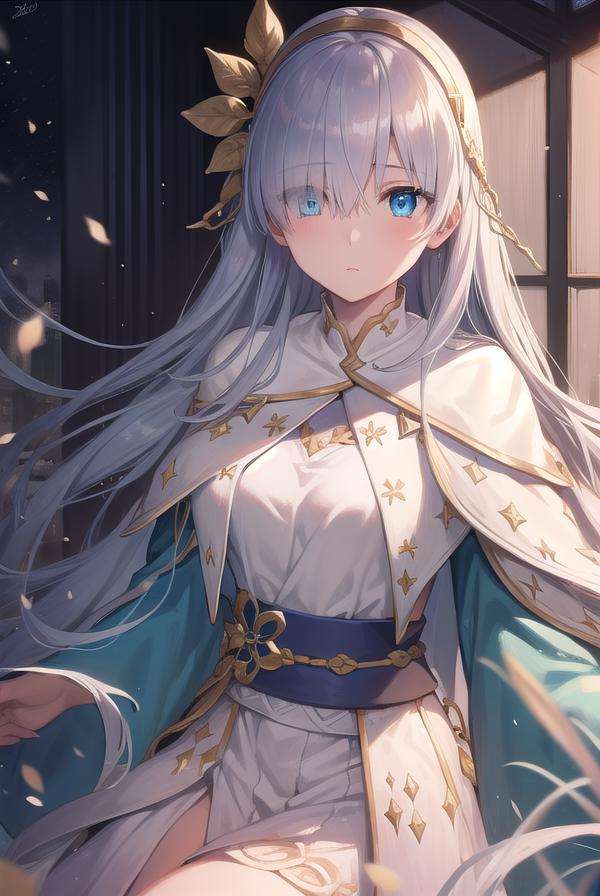 fgoanastasia, <lora:fgoanastasia-lora-nochekaiser:1>,anastasia, blue eyes, grey hair, hair between eyes, (hair over one eye:1.5), long hair, bangs,BREAK blue cloak, brown hairband, cloak, dress, fur trim, hairband, royal robe, sash, tachi-e, white dress, wide sleeves,BREAK looking at viewer,BREAK indoors,BREAK <lyco:GoodHands-beta2:1>, (masterpiece:1.2), best quality, high resolution, unity 8k wallpaper, (illustration:0.8), (beautiful detailed eyes:1.6), extremely detailed face, perfect lighting, extremely detailed CG, (perfect hands, perfect anatomy),