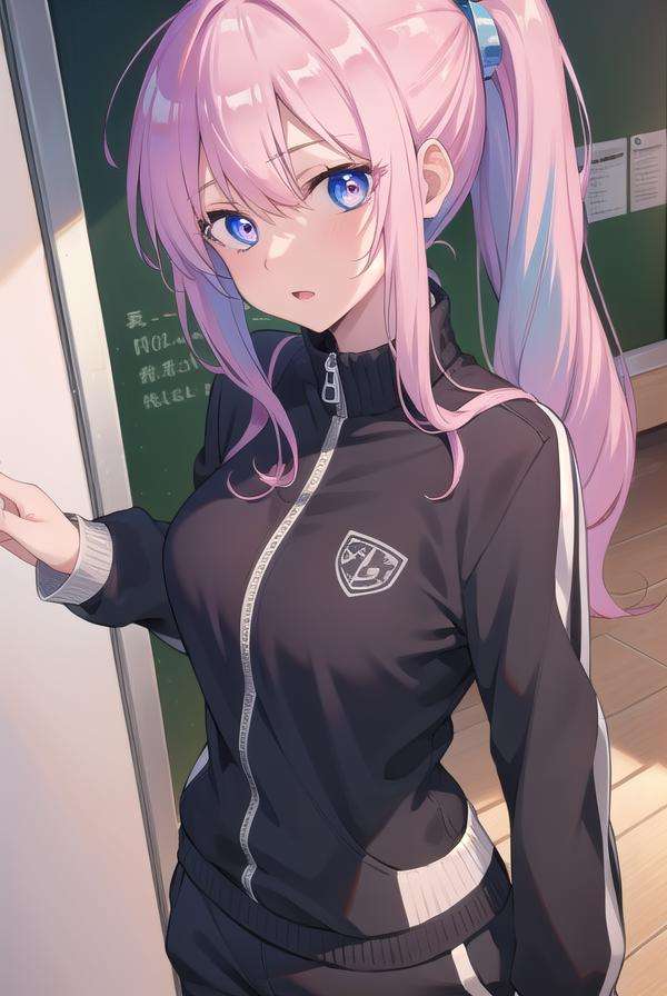 miyakoshikimori, <lora:miyakoshikimori-lora-nochekaiser:1>,miyako shikimori, long hair, blue eyes, hair between eyes, pink hair,BREAK long sleeves, jacket, white shirt, side ponytail, blue jacket, track jacket, track suit,BREAK looking at viewer,BREAK indoors, classroom,BREAK <lyco:GoodHands-beta2:1>, (masterpiece:1.2), best quality, high resolution, unity 8k wallpaper, (illustration:0.8), (beautiful detailed eyes:1.6), extremely detailed face, perfect lighting, extremely detailed CG, (perfect hands, perfect anatomy),