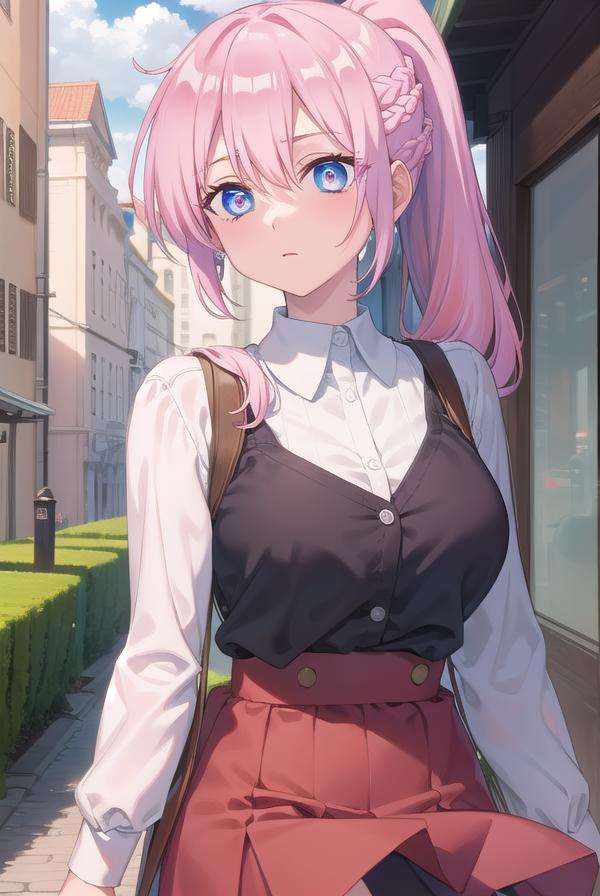 miyakoshikimori, <lora:miyakoshikimori-lora-nochekaiser:1>,miyako shikimori, long hair, blue eyes, hair between eyes, pink hair,BREAK dress, ponytail, braid, red dress, collar, button, skirt, red skirt,BREAK looking at viewer,BREAK outdoors,BREAK <lyco:GoodHands-beta2:1>, (masterpiece:1.2), best quality, high resolution, unity 8k wallpaper, (illustration:0.8), (beautiful detailed eyes:1.6), extremely detailed face, perfect lighting, extremely detailed CG, (perfect hands, perfect anatomy),