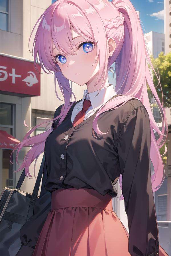 miyakoshikimori, <lora:miyakoshikimori-lora-nochekaiser:1>,miyako shikimori, long hair, blue eyes, hair between eyes, pink hair,BREAK dress, ponytail, braid, red dress, collar, button, skirt, red skirt,BREAK looking at viewer,BREAK outdoors,BREAK <lyco:GoodHands-beta2:1>, (masterpiece:1.2), best quality, high resolution, unity 8k wallpaper, (illustration:0.8), (beautiful detailed eyes:1.6), extremely detailed face, perfect lighting, extremely detailed CG, (perfect hands, perfect anatomy),