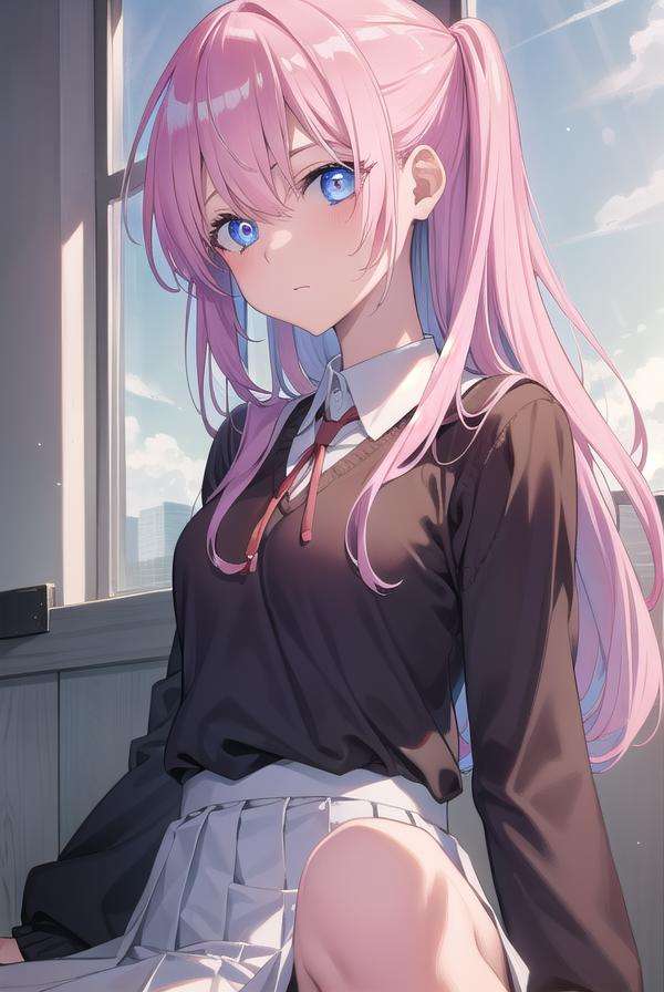 miyakoshikimori, <lora:miyakoshikimori-lora-nochekaiser:1>,miyako shikimori, long hair, blue eyes, hair between eyes, pink hair,BREAK skirt, shirt, school uniform, white shirt, pleated skirt, collared shirt, sweater, grey skirt, ribbon, red ribbon,BREAK looking at viewer,BREAK indoors, classroom,BREAK <lyco:GoodHands-beta2:1>, (masterpiece:1.2), best quality, high resolution, unity 8k wallpaper, (illustration:0.8), (beautiful detailed eyes:1.6), extremely detailed face, perfect lighting, extremely detailed CG, (perfect hands, perfect anatomy),