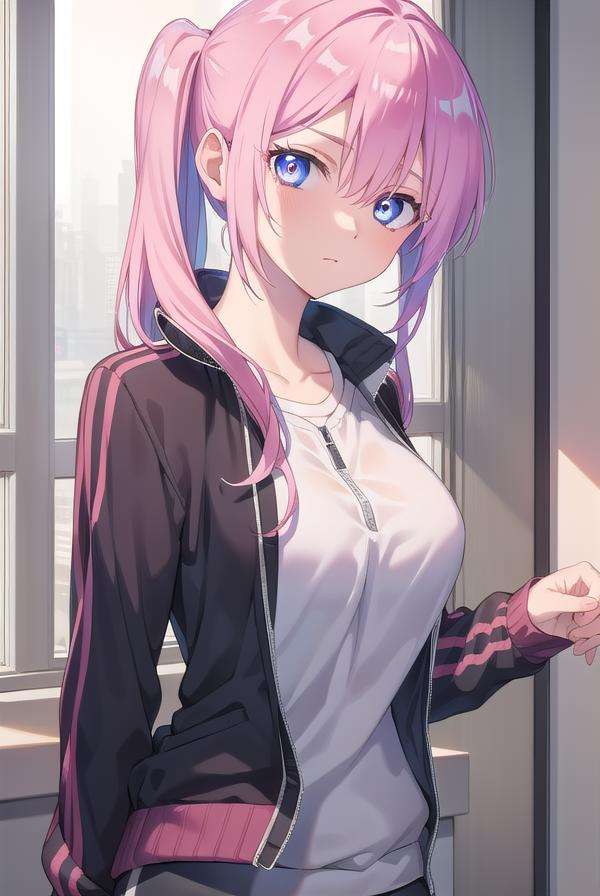 miyakoshikimori, <lora:miyakoshikimori-lora-nochekaiser:1>,miyako shikimori, long hair, blue eyes, hair between eyes, pink hair,BREAK long sleeves, jacket, white shirt, side ponytail, blue jacket, track jacket, track suit,BREAK looking at viewer,BREAK indoors, classroom,BREAK <lyco:GoodHands-beta2:1>, (masterpiece:1.2), best quality, high resolution, unity 8k wallpaper, (illustration:0.8), (beautiful detailed eyes:1.6), extremely detailed face, perfect lighting, extremely detailed CG, (perfect hands, perfect anatomy),