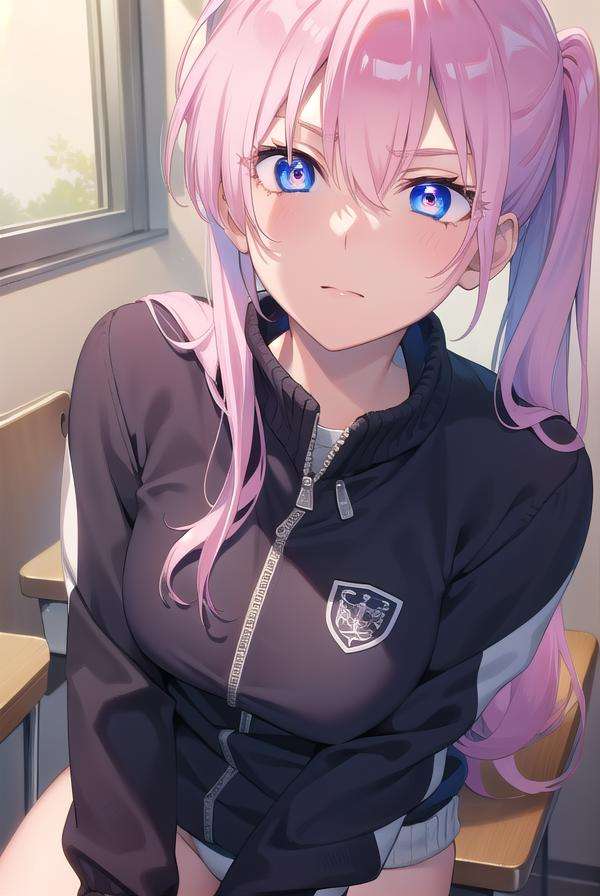 miyakoshikimori, <lora:miyakoshikimori-lora-nochekaiser:1>,miyako shikimori, long hair, blue eyes, hair between eyes, pink hair,BREAK long sleeves, jacket, white shirt, side ponytail, blue jacket, track jacket, track suit,BREAK looking at viewer,BREAK indoors, classroom,BREAK <lyco:GoodHands-beta2:1>, (masterpiece:1.2), best quality, high resolution, unity 8k wallpaper, (illustration:0.8), (beautiful detailed eyes:1.6), extremely detailed face, perfect lighting, extremely detailed CG, (perfect hands, perfect anatomy),