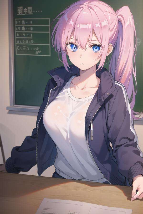 miyakoshikimori, <lora:miyakoshikimori-lora-nochekaiser:1>,miyako shikimori, long hair, blue eyes, hair between eyes, pink hair,BREAK long sleeves, jacket, white shirt, side ponytail, blue jacket, track jacket, track suit,BREAK looking at viewer,BREAK indoors, classroom,BREAK <lyco:GoodHands-beta2:1>, (masterpiece:1.2), best quality, high resolution, unity 8k wallpaper, (illustration:0.8), (beautiful detailed eyes:1.6), extremely detailed face, perfect lighting, extremely detailed CG, (perfect hands, perfect anatomy),