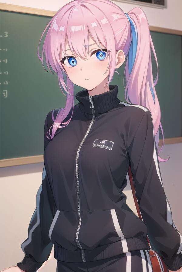 miyakoshikimori, <lora:miyakoshikimori-lora-nochekaiser:1>,miyako shikimori, long hair, blue eyes, hair between eyes, pink hair,BREAK long sleeves, jacket, white shirt, side ponytail, blue jacket, track jacket, track suit,BREAK looking at viewer,BREAK indoors, classroom,BREAK <lyco:GoodHands-beta2:1>, (masterpiece:1.2), best quality, high resolution, unity 8k wallpaper, (illustration:0.8), (beautiful detailed eyes:1.6), extremely detailed face, perfect lighting, extremely detailed CG, (perfect hands, perfect anatomy),