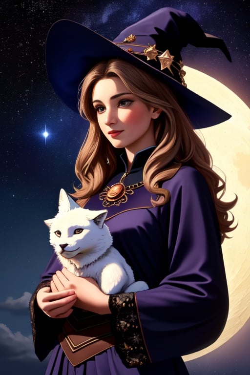 (best quality: 1.2), (masterpiece: 1.2), (realistic: 1.2), (detailed), a beautiful woman as a witch, with mystical how in her arms, moon and stars, (masterpiece: 1.2), absurdres, HDR