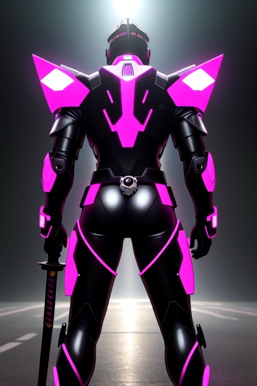 (best quality: 1.2), (masterpiece: 1.2), (realistic: 1.2), (detailed), A Hi-Tech cyberpunk style white black pink skull suit, custom design, shining body, glowing look, full shining suit, hues, steampunk style, mecha, perfect custom Hi-Tech suit, holding sword, weapon master, Hi-Tech belt, muscular body suit, looking back, (masterpiece: 1.2), absurdres, HDR