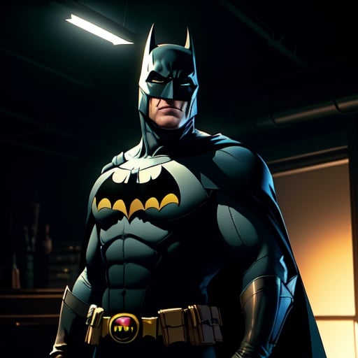 (best quality: 1.2), (masterpiece: 1.2), (realistic: 1.2), (batman) posing in a dark studio, (rim lighting,:1.4) two tone lighting, octane, unreal, dimly lit, (low key:1.3), masterpiece