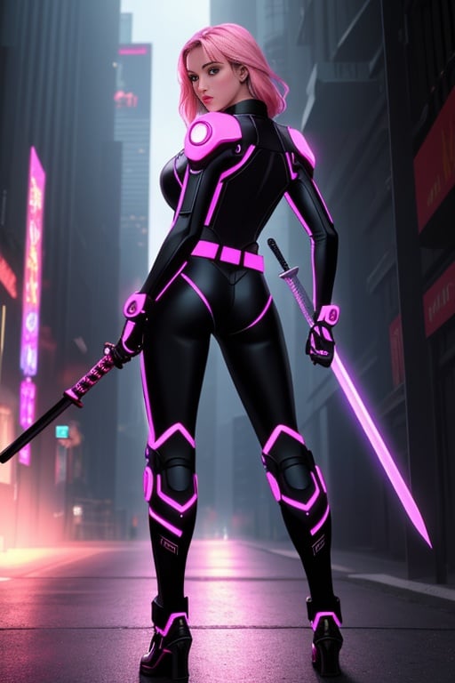 (best quality: 1.2), (masterpiece: 1.2), (realistic: 1.2), (detailed), A Hi-Tech cyberpunk style white black pink skull suit, custom design, shining body, glowing look, full shining suit, hues, steampunk style, mecha, perfect custom Hi-Tech suit, holding sword, weapon master, Hi-Tech belt, muscular body suit, looking back, (masterpiece: 1.2), absurdres, HDR