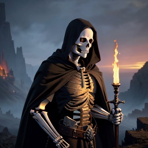 (best quality: 1.2), (masterpiece: 1.2), (realistic: 1.2), a portrait of a (skeleton: 1.3) holding a flaming spear, (old and ragged cape: 1.2), (dark cave in the background), detailed middle-earth setting, on eye level, mimicking ruined materials, extremely detailed, on eye level, scenic, masterpiece