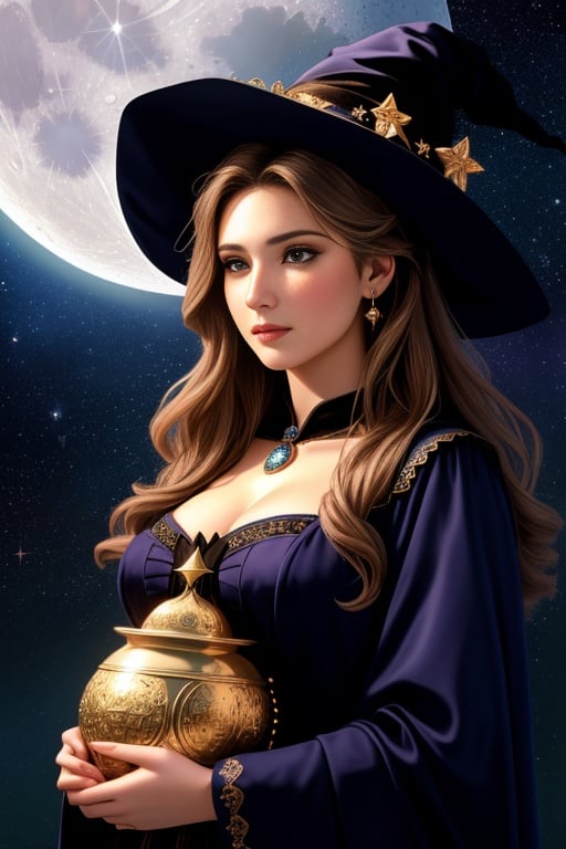 (best quality: 1.2), (masterpiece: 1.2), (realistic: 1.2), (detailed), a beautiful woman as a witch, with mystical how in her arms, moon and stars, (masterpiece: 1.2), absurdres, HDR