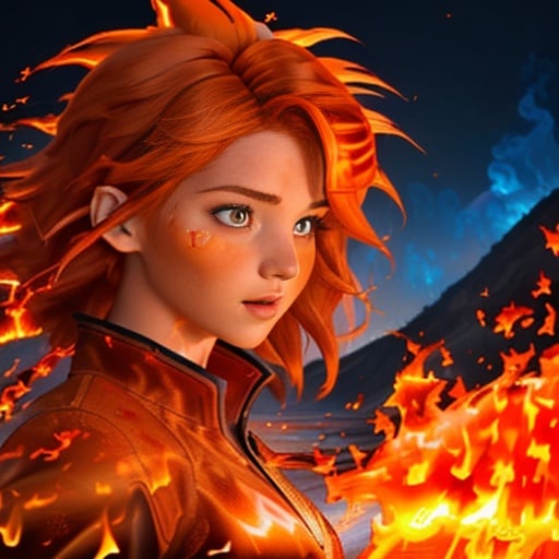 (best quality: 1.2), (masterpiece: 1.2), (realistic: 1.2), 1girl, ((fiery red and orange elemental hair made of liquid fire:1.5)), (wild fiery hair)), (glowing embers floating off hair), (mature fire bender), (volcano Island background), ((controlling swirling rings of (blue) psychedelic fire)), arcane floating runes, on eye level, scenic, masterpiece