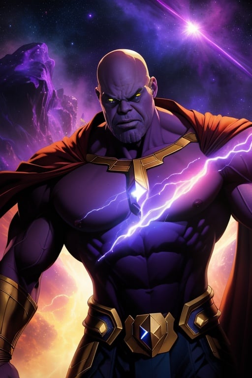 (best quality: 1.2), (masterpiece: 1.2), (realistic: 1.2), stunning angry Thanos, bald, purple cape, nebula space background, volumetric light, upper body, muscle, muscular, fantasy, dynamic angle, dynamic pose, masterpiece