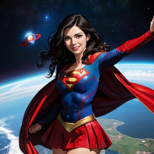 (best quality: 1.2), (masterpiece: 1.2), (realistic: 1.2), (inked: 1.3), best quality, beautiful woman as supergirl, she has (wavy black hair: 1.7), superhero, blue bodysuit, red short skirt, red cape, grin, in space, earth background, sharp focus, 8k, centered, medium shot, masterpiece