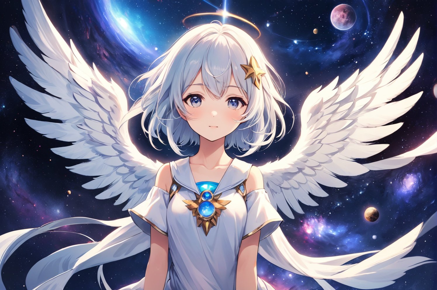 anime, beautiful and aesthetic, an angelic girl in the cosmos of space, wings, looking at viewer, slight smile