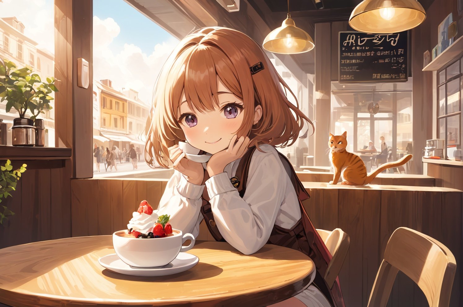 best quality, masterpiece, 1girl, a lovely girl sitting in a cafe, eating, food focus, a coffee cup, shortcake, smile, cat cafe, wooden table, morning, sunbeam,