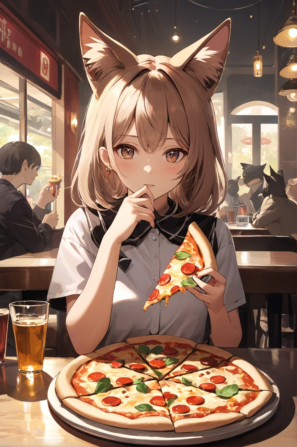 best quality, masterpiece, a girl enjoying a pizza in a restaurant, cat ears