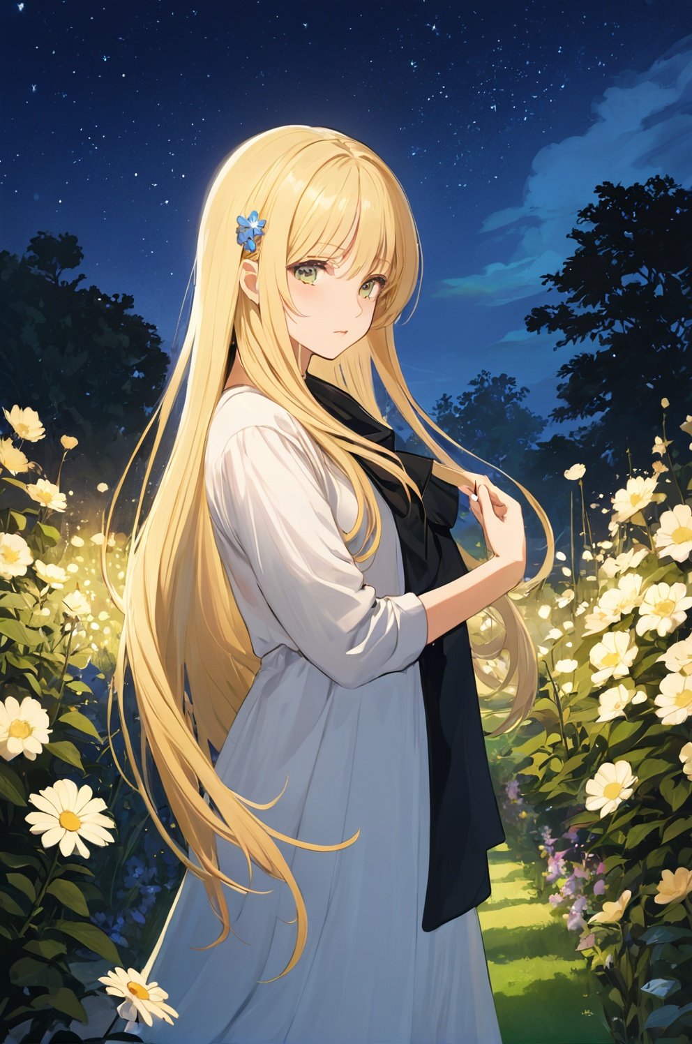 best quality, masterpiece, 1girl, blond hair, long hair, straight hair, in a flower garden at night