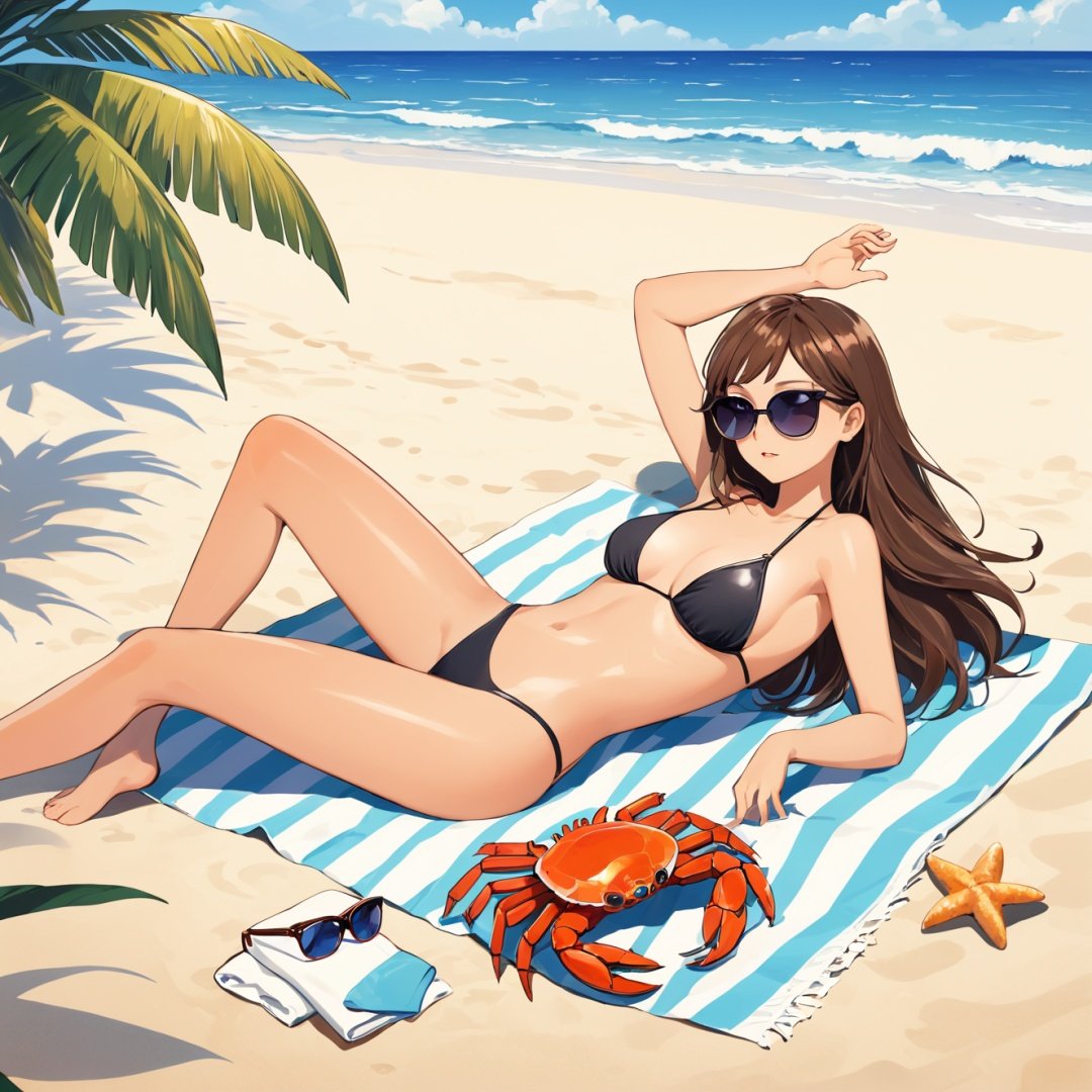 best quality, masterpiece, a girl in a bikini, tanning on beach, sunglasses, towel, crab, palm tree, sand, waves, tanlines