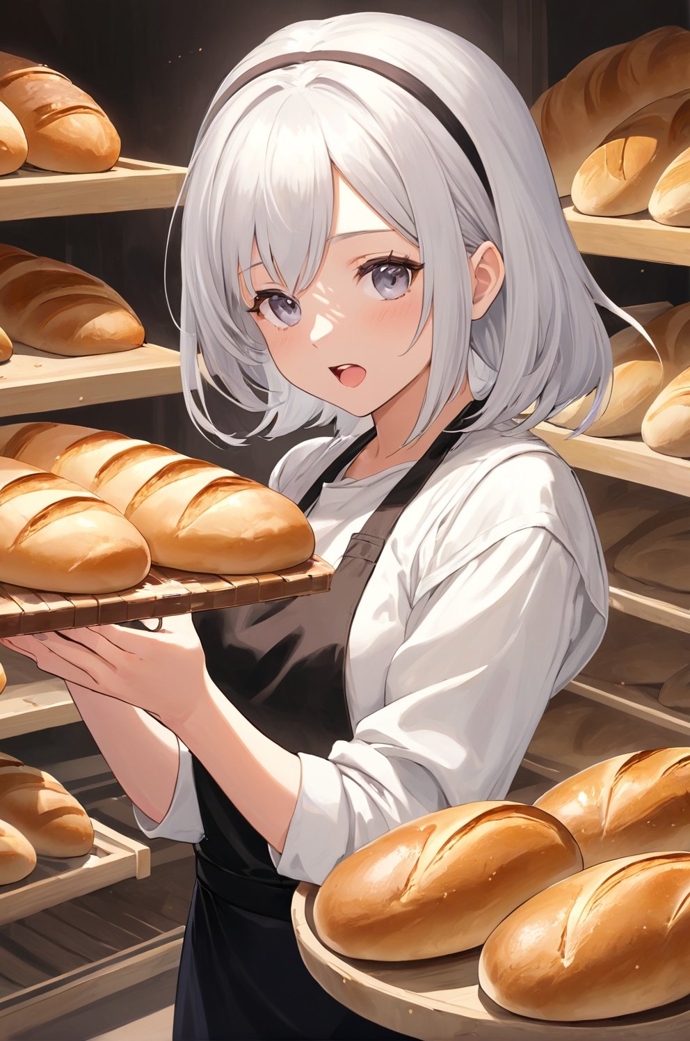 best quality, masterpiece, a girl in a bakery, looking at freshly baked bread, white hair, excited, drool