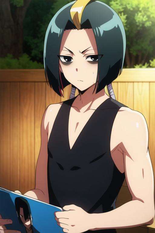 masterpiece, best quality, wallpaper, 1boy, solo, male focus, looking at viewer, , depth of field, <lora:seigen_amawaka:0.72>, seigen_amawaka, black hair, multicolored hair, black eyes, blonde hair