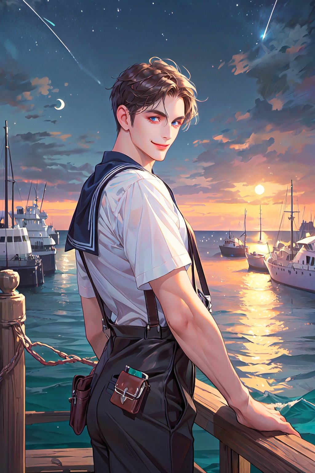 (masterpiece, best quality, perfect eyes), subsurface scattering, (cowboy shot) looking_at_viewer, 1 male, solo, adult,  tall, handsome, short hair, short bang, leather suspender,  sailor, smile, mischievous, unpredictable, playful, moon light, beautiful night view, beautiful sea, harbor, ((male_focus))
