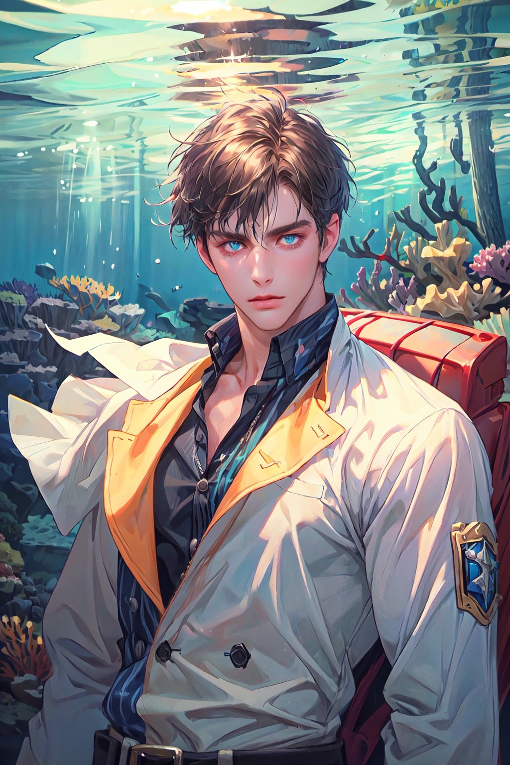 (masterpiece, best quality, perfect eyes), subsurface scattering, (upper body, cowboy shot) looking_at_viewer, 1 male, solo, adult, aged 25, handsome, short hair, under the sea
