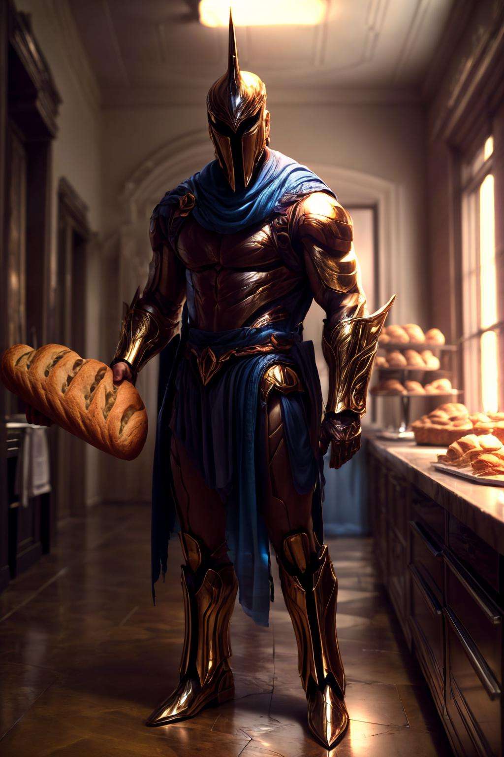 Highly detailed, High Quality, Masterpiece, beautiful,<lora:Pantheon-07:1.0>, pant,<lora:more_details:1>, 1boy, solo, full body, 1girl, bakery, baking, baking sheet, bread, 