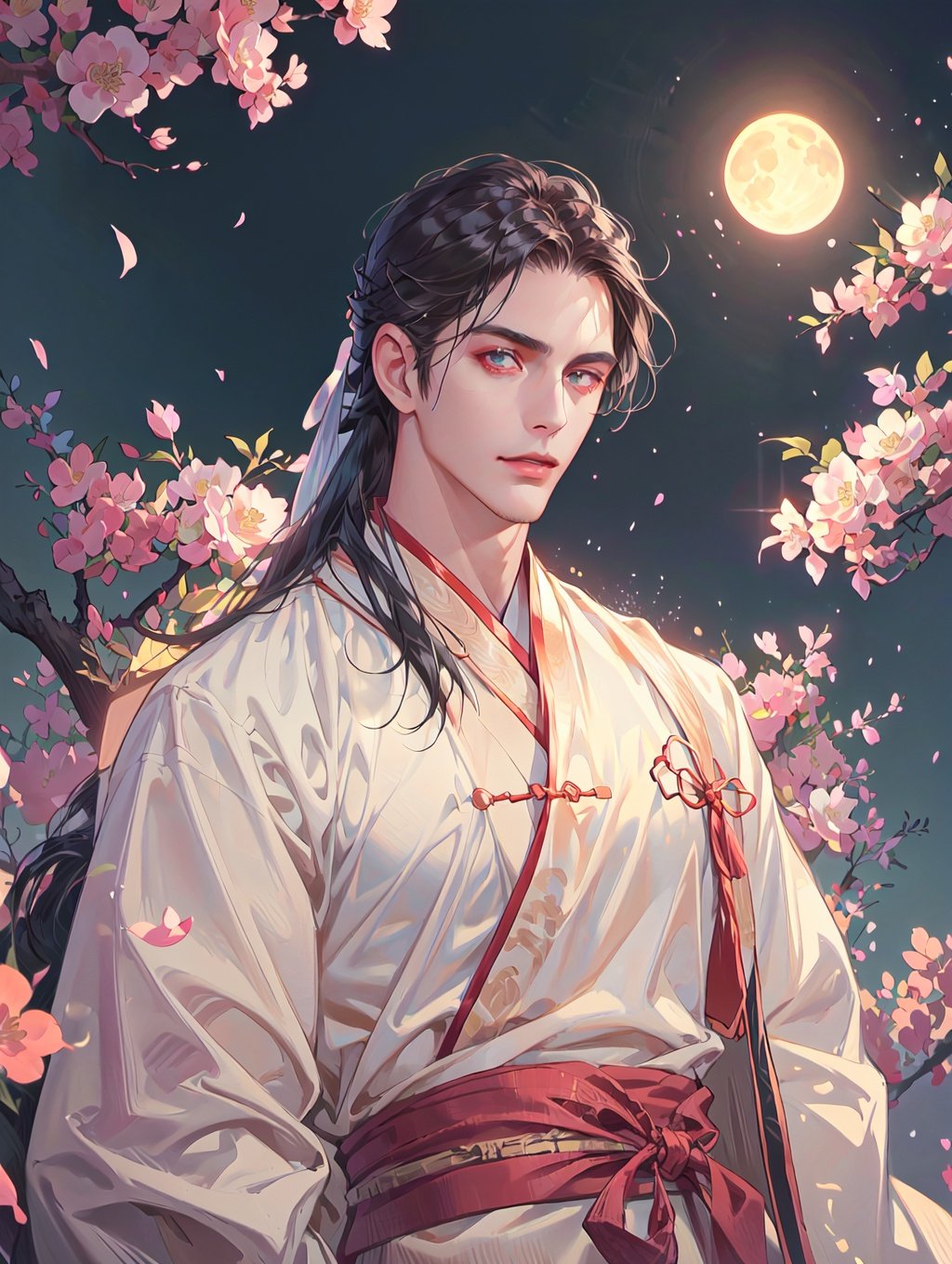 (masterpiece, best quality, absurdres, highres, ultra detailed), subsurface scattering, (cowboy_shot:1.3), upper body, 1 male, solo, adult, tall, handsome, long hair, black hair, calm, beautiful face,, innocent, happy, open eyes, advisor, ((hanfu)), chinese clothes, medieval china, waxia, oriental fantasy, cherry blossoms, moon light, night, outdoors, beautiful background, closed mouth, (male_focus: 1.4)