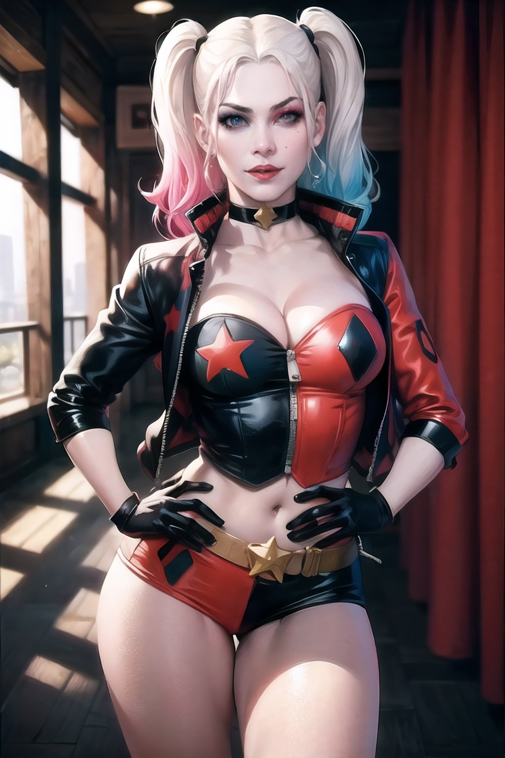 CARTOON_harley_quinn_rebirth_ownwaifu,www.ownwaifu.com,two-tone hair,multicolored hair,blonde hair,breasts,makeup,twintails,blue eyes,lipstick,gloves,shorts,cleavage,navel,midriff,gradient hair,short shorts,choker,long hair,eyeshadow,colored skin,pale skin,multicolored clothes,jacket,belt,crop top,open jacket,star (symbol),open clothes,lips,masterpiece,best quality,ultra detailed, 8k, cinematic light,highly detailed, scenery,pose,solo,looking at viewer,