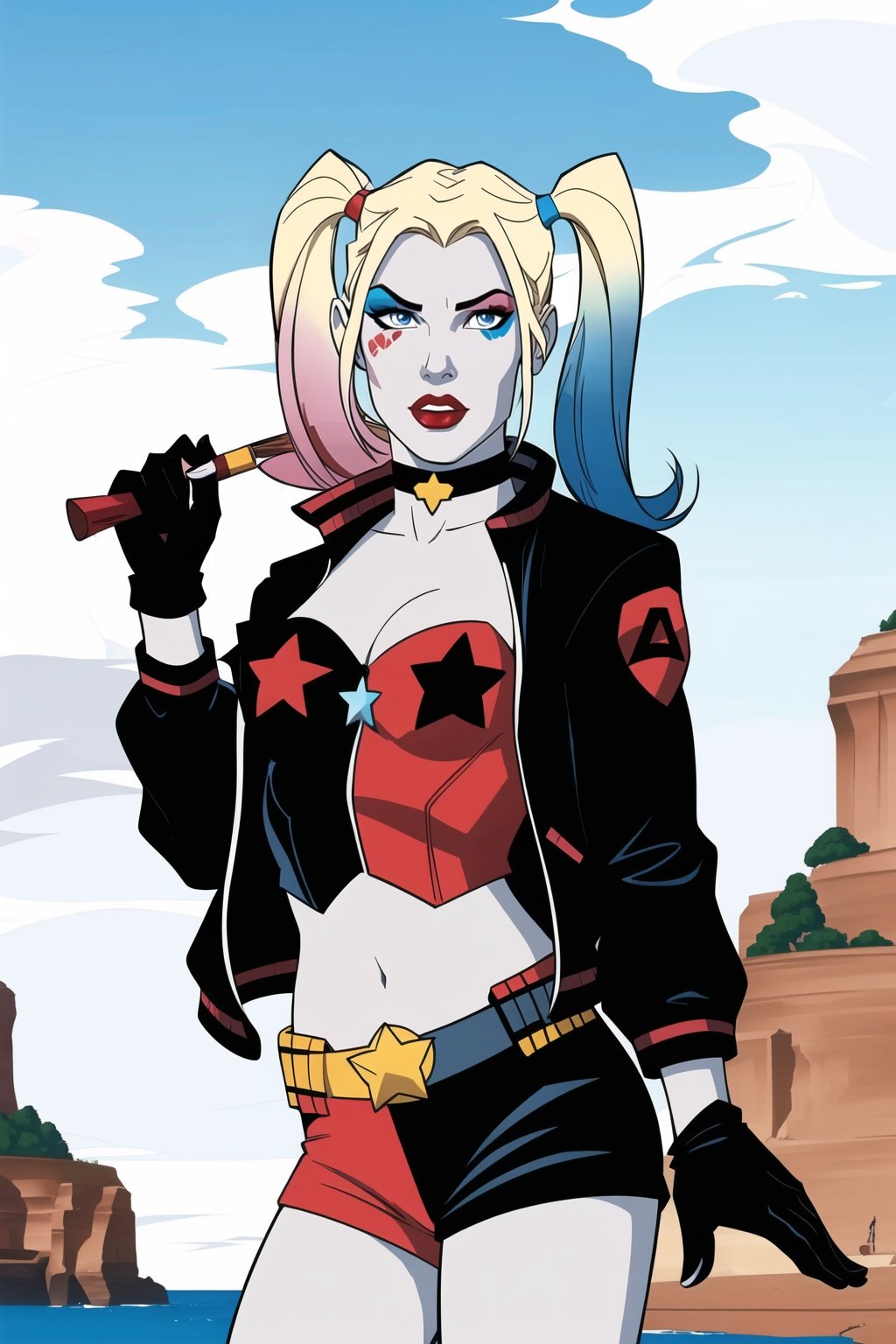 CARTOON_harley_quinn_rebirth_ownwaifu,www.ownwaifu.com,two-tone hair,multicolored hair,blonde hair,breasts,makeup,twintails,blue eyes,lipstick,gloves,shorts,cleavage,navel,midriff,gradient hair,short shorts,choker,hair,eyeshadow,colored skin,pale skin,multicolored clothes,jacket,belt,crop top,open jacket,star (symbol),open clothes,lips,masterpiece,best quality,ultra detailed, 8k, cinematic light,highly detailed, scenery,pose,solo,looking at viewer,