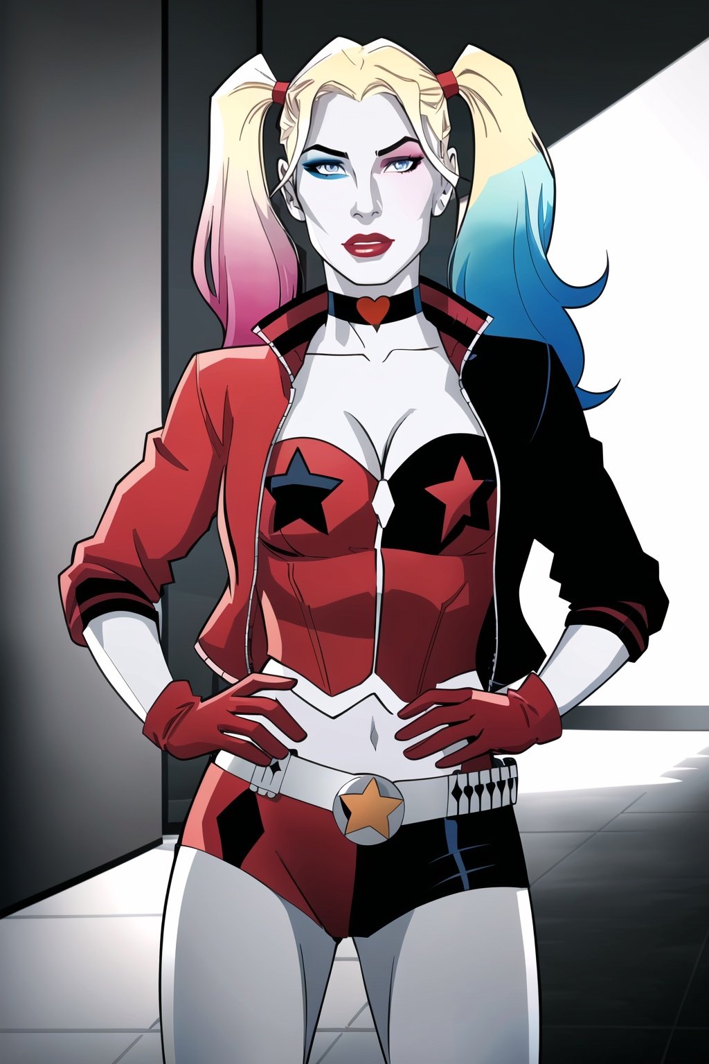 CARTOON_harley_quinn_rebirth_ownwaifu,www.ownwaifu.com,two-tone hair,multicolored hair,blonde hair,breasts,makeup,twintails,blue eyes,lipstick,gloves,shorts,cleavage,navel,midriff,gradient hair,short shorts,choker,hair,eyeshadow,colored skin,pale skin,multicolored clothes,jacket,belt,crop top,open jacket,star (symbol),open clothes,lips,masterpiece,best quality,ultra detailed, 8k, cinematic light,highly detailed, scenery,pose,solo,looking at viewer,