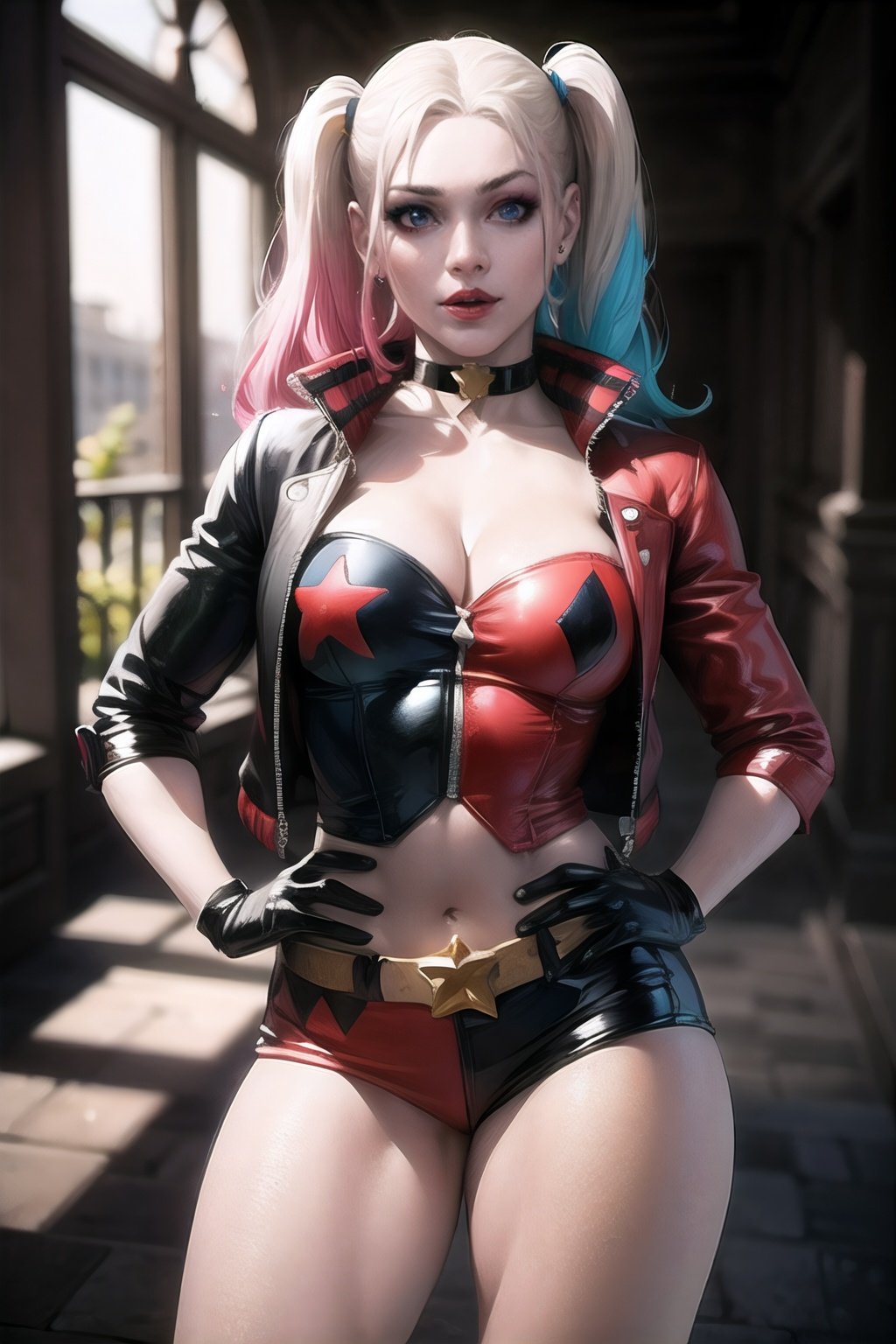 CARTOON_harley_quinn_rebirth_ownwaifu,www.ownwaifu.com,two-tone hair,multicolored hair,blonde hair,breasts,makeup,twintails,blue eyes,lipstick,gloves,shorts,cleavage,navel,midriff,gradient hair,short shorts,choker,long hair,eyeshadow,colored skin,pale skin,multicolored clothes,jacket,belt,crop top,open jacket,star (symbol),open clothes,lips,masterpiece,best quality,ultra detailed, 8k, cinematic light,highly detailed, scenery,pose,solo,looking at viewer,