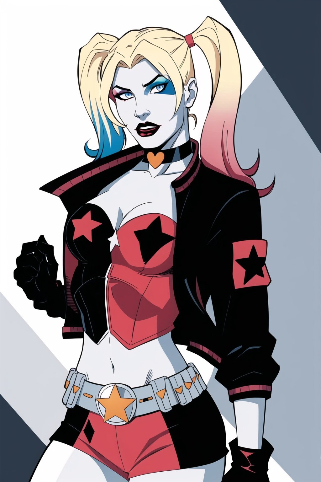 CARTOON_harley_quinn_rebirth_ownwaifu,www.ownwaifu.com,two-tone hair,multicolored hair,blonde hair,breasts,makeup,twintails,blue eyes,lipstick,gloves,shorts,cleavage,navel,midriff,gradient hair,short shorts,choker,hair,eyeshadow,colored skin,pale skin,multicolored clothes,jacket,belt,crop top,open jacket,star (symbol),open clothes,lips,masterpiece,best quality,ultra detailed, 8k, cinematic light,highly detailed, scenery,pose,solo,looking at viewer,