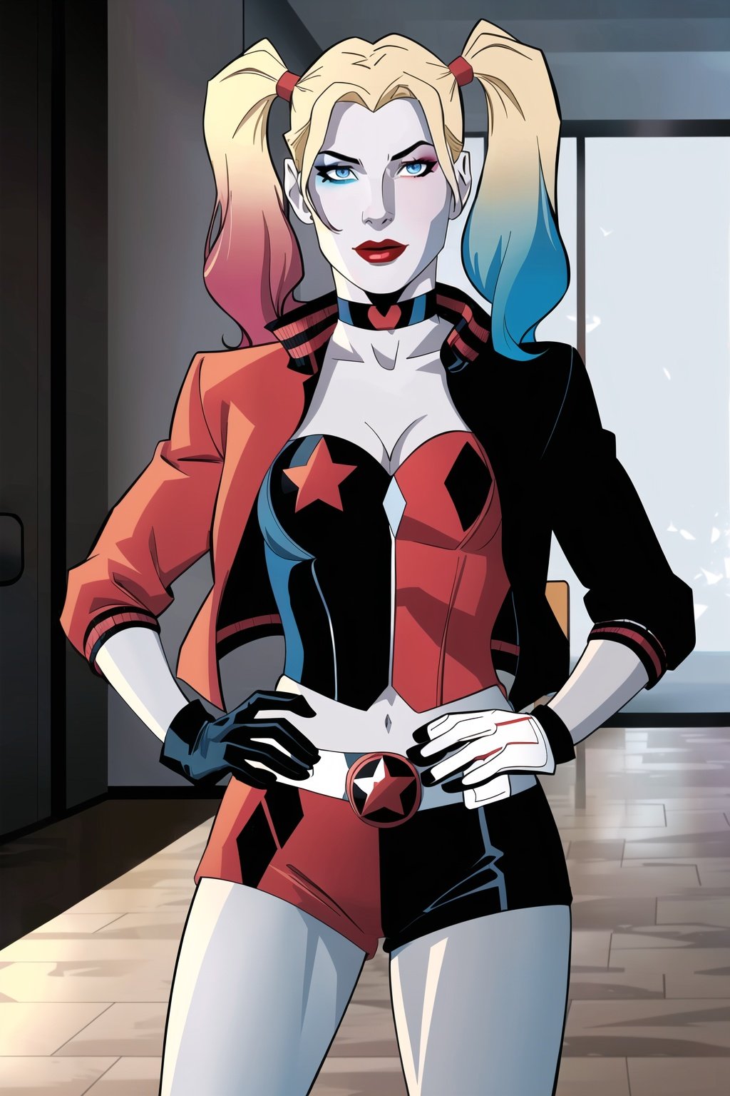 CARTOON_harley_quinn_rebirth_ownwaifu,www.ownwaifu.com,two-tone hair,multicolored hair,blonde hair,breasts,makeup,twintails,blue eyes,lipstick,gloves,shorts,cleavage,navel,midriff,gradient hair,short shorts,choker,hair,eyeshadow,colored skin,pale skin,multicolored clothes,jacket,belt,crop top,open jacket,star (symbol),open clothes,lips,masterpiece,best quality,ultra detailed, 8k, cinematic light,highly detailed, scenery,pose,solo,looking at viewer,