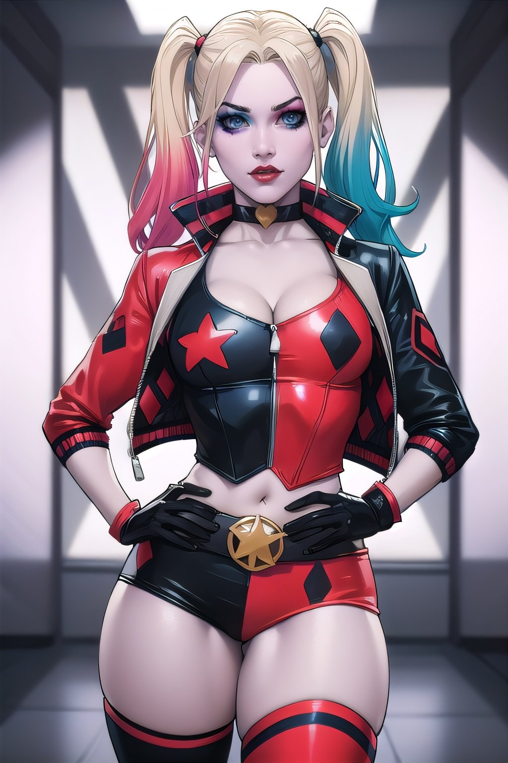 CARTOON_harley_quinn_rebirth_ownwaifu,www.ownwaifu.com,two-tone hair,multicolored hair,blonde hair,breasts,makeup,twintails,blue eyes,lipstick,gloves,shorts,cleavage,navel,midriff,gradient hair,short shorts,choker,long hair,eyeshadow,colored skin,pale skin,multicolored clothes,jacket,belt,crop top,open jacket,star (symbol),open clothes,lips,masterpiece,best quality,ultra detailed, 8k, cinematic light,highly detailed, scenery,pose,solo,looking at viewer,