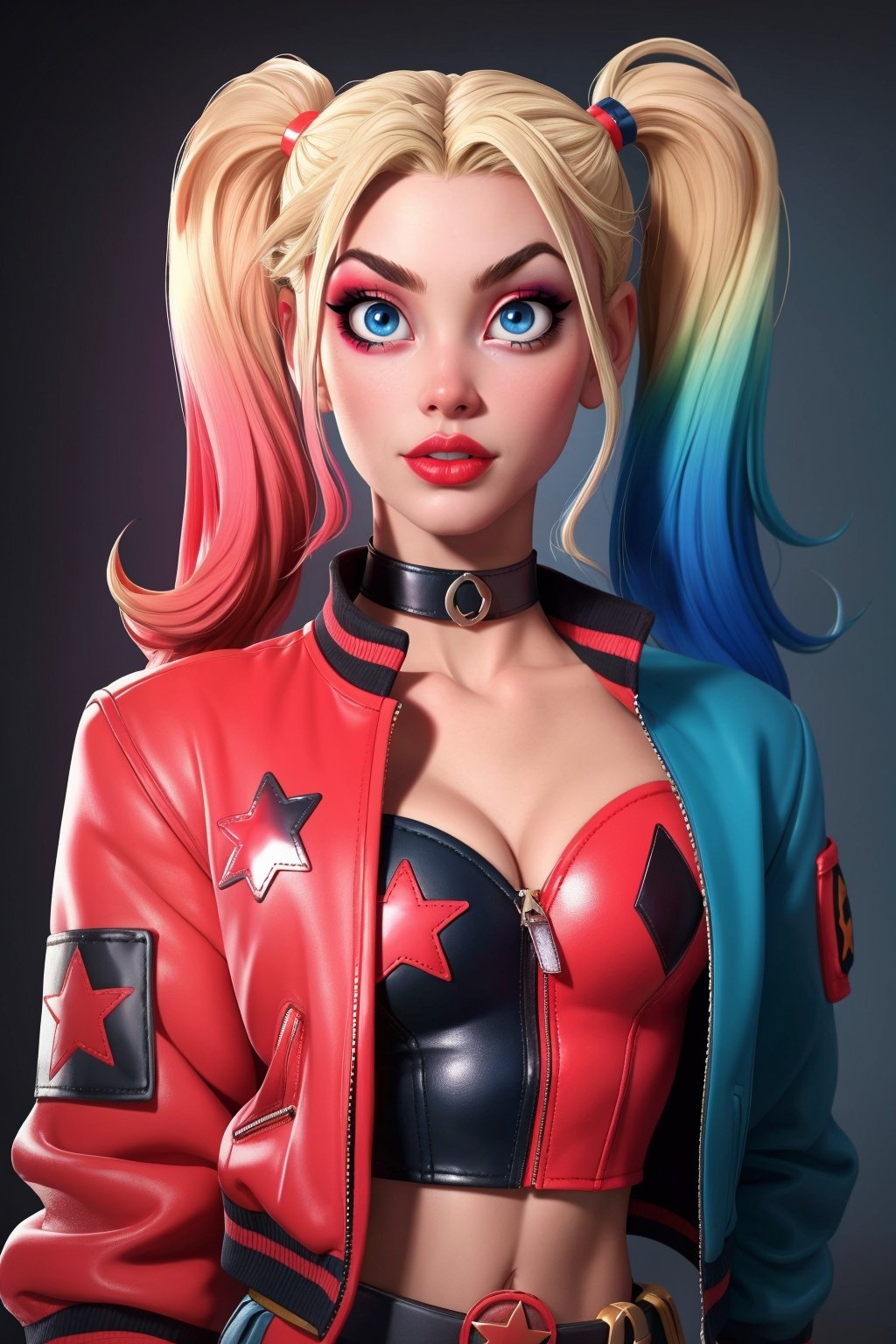 CARTOON_harley_quinn_rebirth_ownwaifu,www.ownwaifu.com,two-tone hair,multicolored hair,blonde hair,breasts,makeup,twintails,blue eyes,lipstick,gloves,shorts,cleavage,navel,midriff,gradient hair,short shorts,choker,hair,eyeshadow,colored skin,pale skin,multicolored clothes,jacket,belt,crop top,open jacket,star (symbol),open clothes,lips,masterpiece,best quality,ultra detailed, 8k, cinematic light,highly detailed, scenery,pose,solo,looking at viewer,