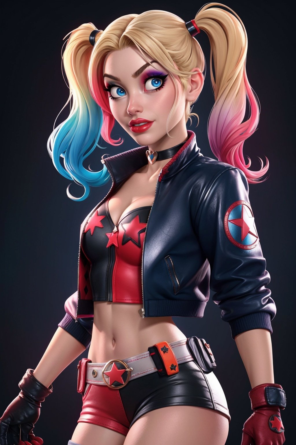 CARTOON_harley_quinn_rebirth_ownwaifu,www.ownwaifu.com,two-tone hair,multicolored hair,blonde hair,breasts,makeup,twintails,blue eyes,lipstick,gloves,shorts,cleavage,navel,midriff,gradient hair,short shorts,choker,hair,eyeshadow,colored skin,pale skin,multicolored clothes,jacket,belt,crop top,open jacket,star (symbol),open clothes,lips,masterpiece,best quality,ultra detailed, 8k, cinematic light,highly detailed, scenery,pose,solo,looking at viewer,