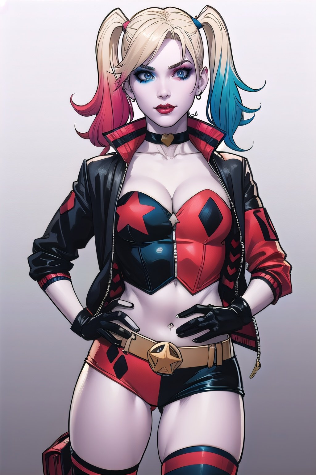 CARTOON_harley_quinn_rebirth_ownwaifu,www.ownwaifu.com,two-tone hair,multicolored hair,blonde hair,breasts,makeup,twintails,blue eyes,lipstick,gloves,shorts,cleavage,navel,midriff,gradient hair,short shorts,choker,hair,eyeshadow,colored skin,pale skin,multicolored clothes,jacket,belt,crop top,open jacket,star (symbol),open clothes,lips,masterpiece,best quality,ultra detailed, 8k, cinematic light,highly detailed, scenery,pose,solo,looking at viewer,